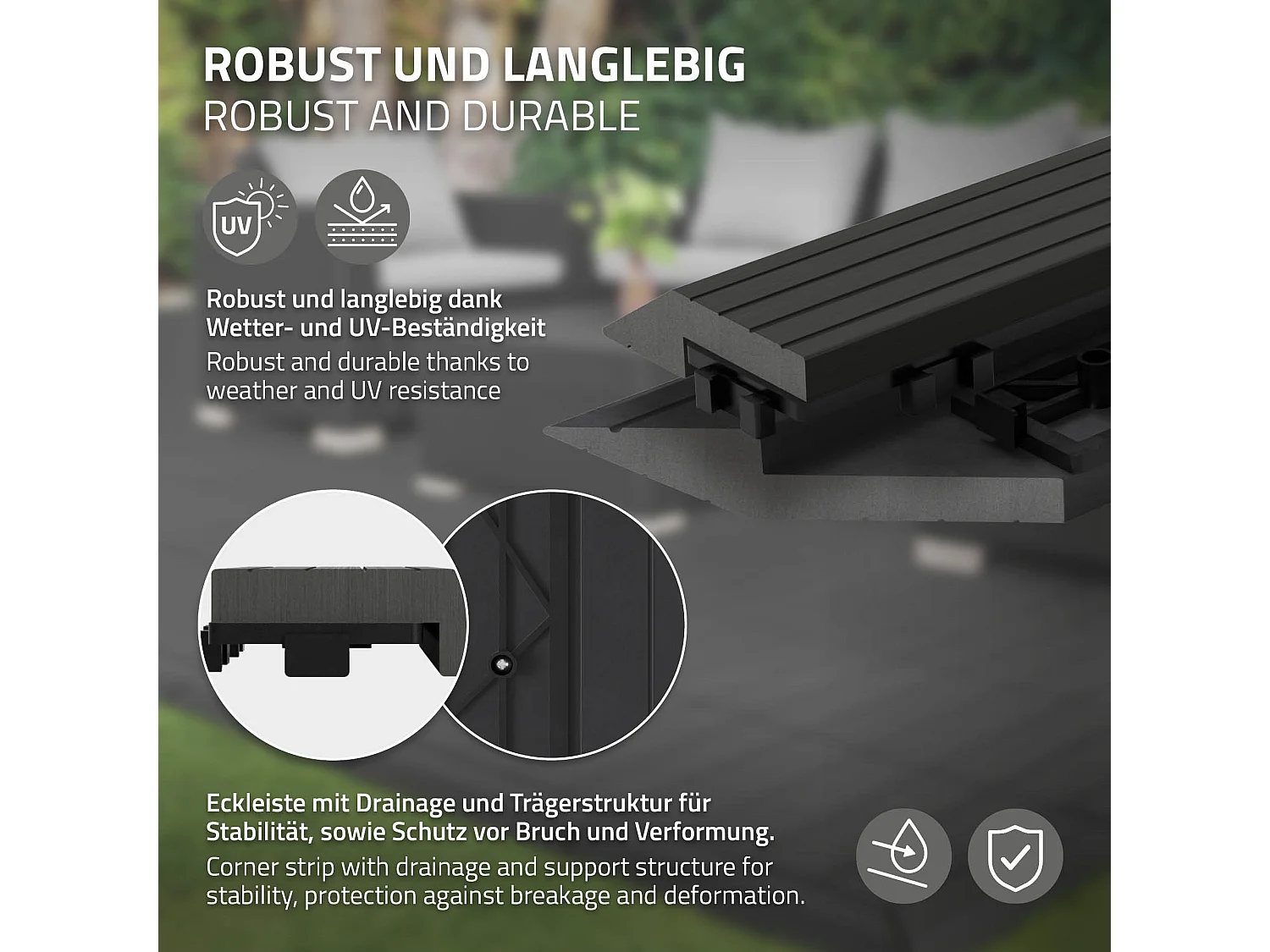 ML-Design Profilo Angolare Sinistro WPC Antracite 38x2x7,5 cm, effetto legno, antiscivolo, drenante, resistente UV per pavimenti esterni