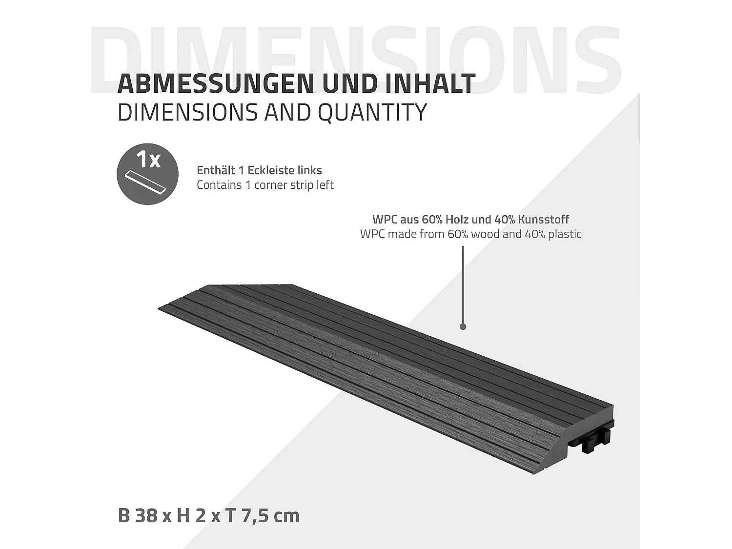 ML-Design Profilo Angolare Sinistro WPC Antracite 38x2x7,5 cm, effetto legno, antiscivolo, drenante, resistente UV per pavimenti esterni