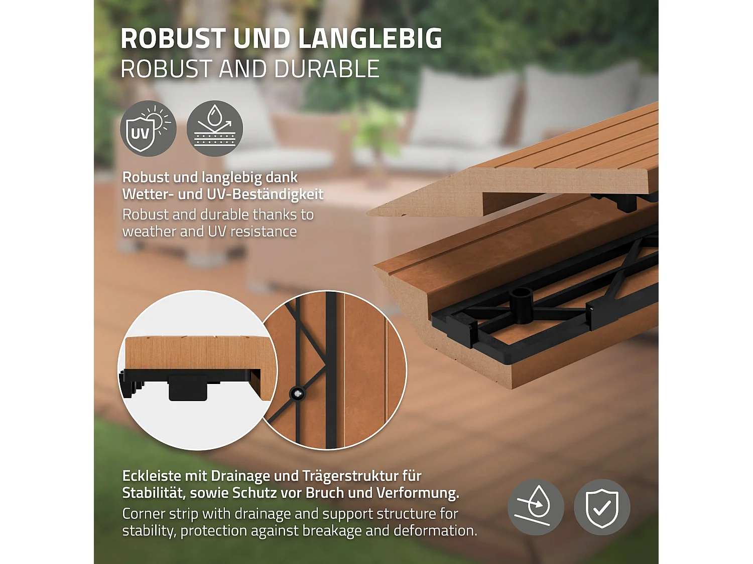 Bordure de finition coin droit 38x2x7,5cm Brun clair Plinthe d'angle striée aspect de bois drainage et structure de support système d'encliquetage