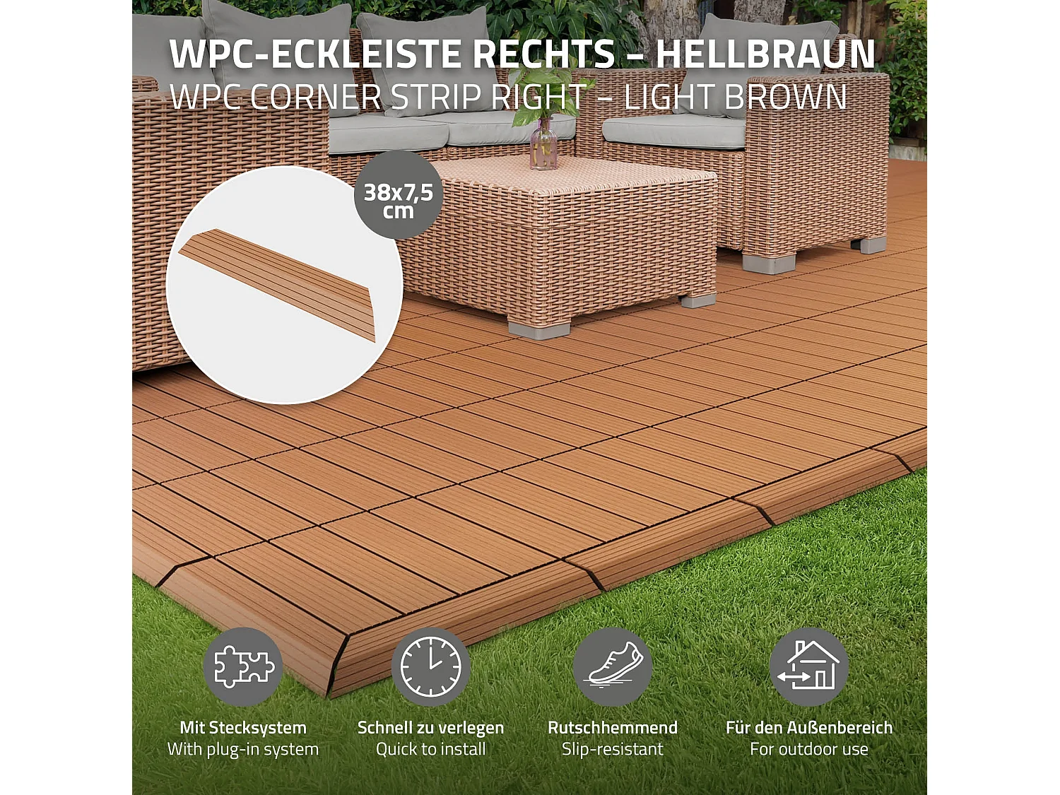 Bordure de finition coin droit 38x2x7,5cm Brun clair Plinthe d'angle striée aspect de bois drainage et structure de support système d'encliquetage