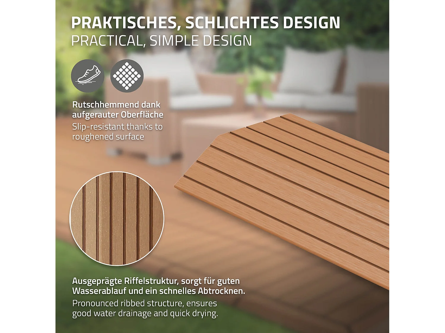 Bordure de finition coin droit 38x2x7,5cm Brun clair Plinthe d'angle striée aspect de bois drainage et structure de support système d'encliquetage