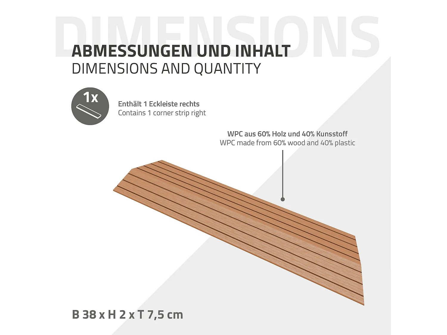 Bordure de finition coin droit 38x2x7,5cm Brun clair Plinthe d'angle striée aspect de bois drainage et structure de support système d'encliquetage