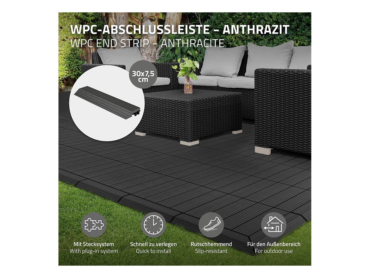 Bordure de finition angle droit 38x2x7,5cm anthracite Plinthe d'angle striée aspect de bois drainage et structure de support système d'encliquetage