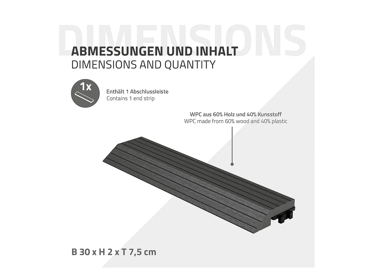 Bordure de finition angle droit 38x2x7,5cm anthracite Plinthe d'angle striée aspect de bois drainage et structure de support système d'encliquetage