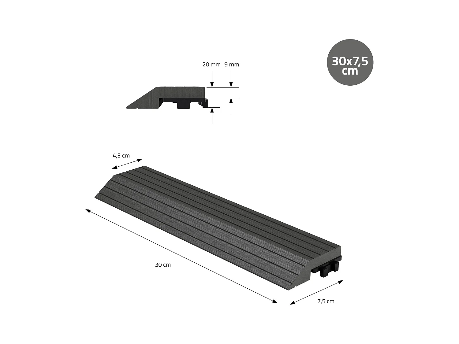 Bordure de finition angle droit 38x2x7,5cm anthracite Plinthe d'angle striée aspect de bois drainage et structure de support système d'encliquetage