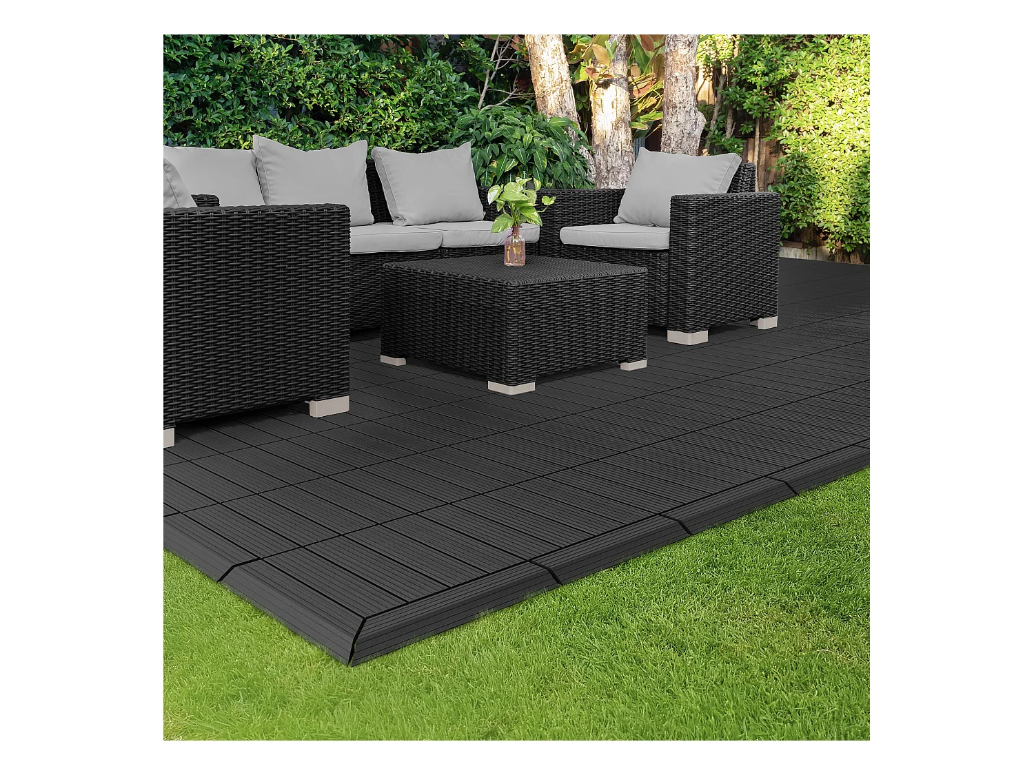 Bordure de finition angle droit 38x2x7,5cm anthracite Plinthe d'angle striée aspect de bois drainage et structure de support système d'encliquetage