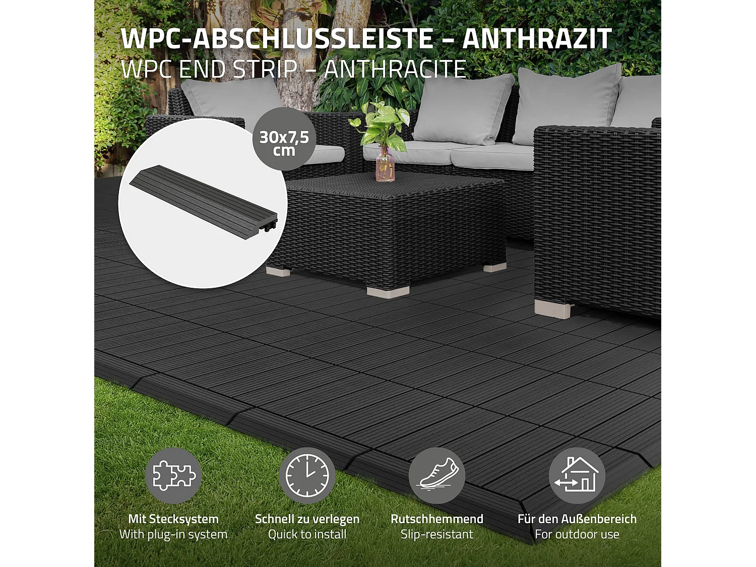 ML-Design Perfil recto de wpc antracita 38x2x7,5 cm borde de remate para baldosas con sistema de clic aspecto madera para terraza, piscina o patio
