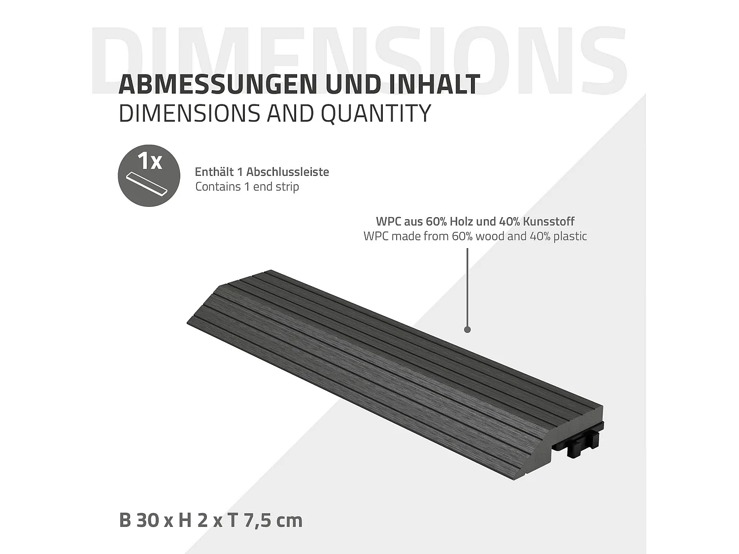 ML-Design Perfil recto de wpc antracita 38x2x7,5 cm borde de remate para baldosas con sistema de clic aspecto madera para terraza, piscina o patio