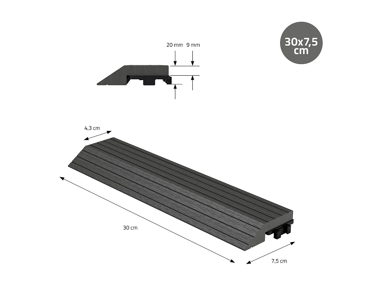 ML-Design Perfil recto de wpc antracita 38x2x7,5 cm borde de remate para baldosas con sistema de clic aspecto madera para terraza, piscina o patio