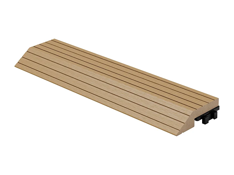 Bordure de finition angle droit 38x2x7,5cm teck Plinthe d'angle striée aspect de bois avec drainage et structure de support système d'encliquetage