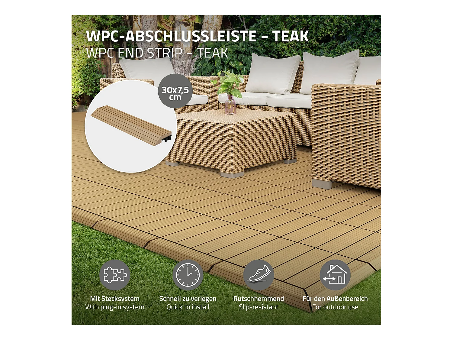 Bordure de finition angle droit 38x2x7,5cm teck Plinthe d'angle striée aspect de bois avec drainage et structure de support système d'encliquetage