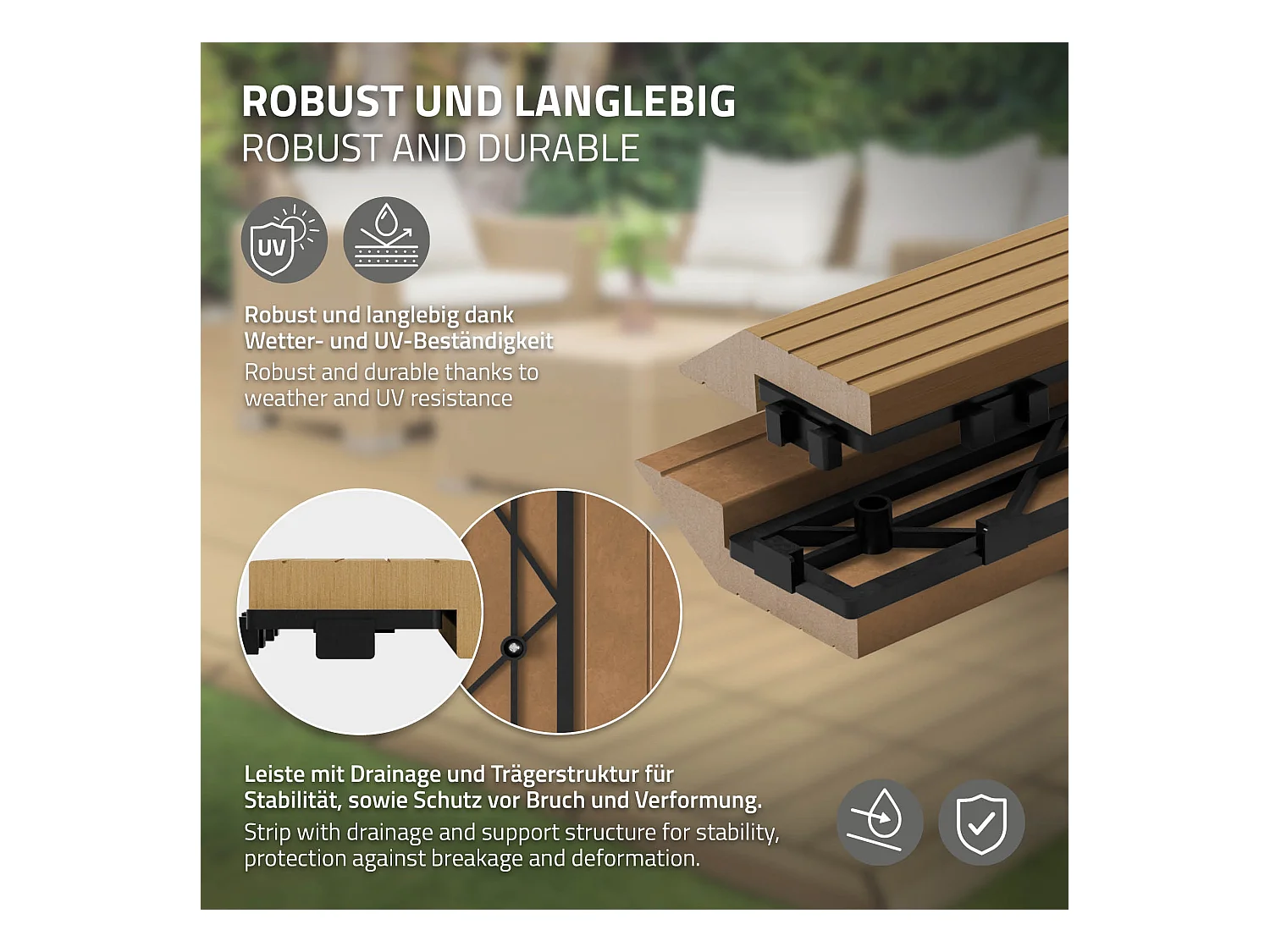 Bordure de finition angle droit 38x2x7,5cm teck Plinthe d'angle striée aspect de bois avec drainage et structure de support système d'encliquetage