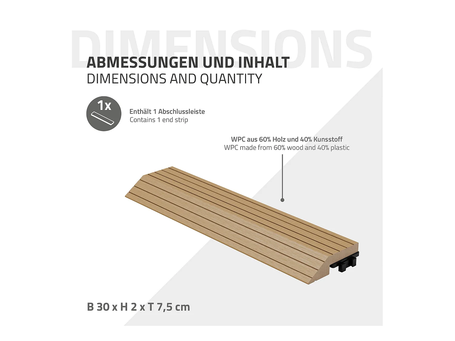 Bordure de finition angle droit 38x2x7,5cm teck Plinthe d'angle striée aspect de bois avec drainage et structure de support système d'encliquetage