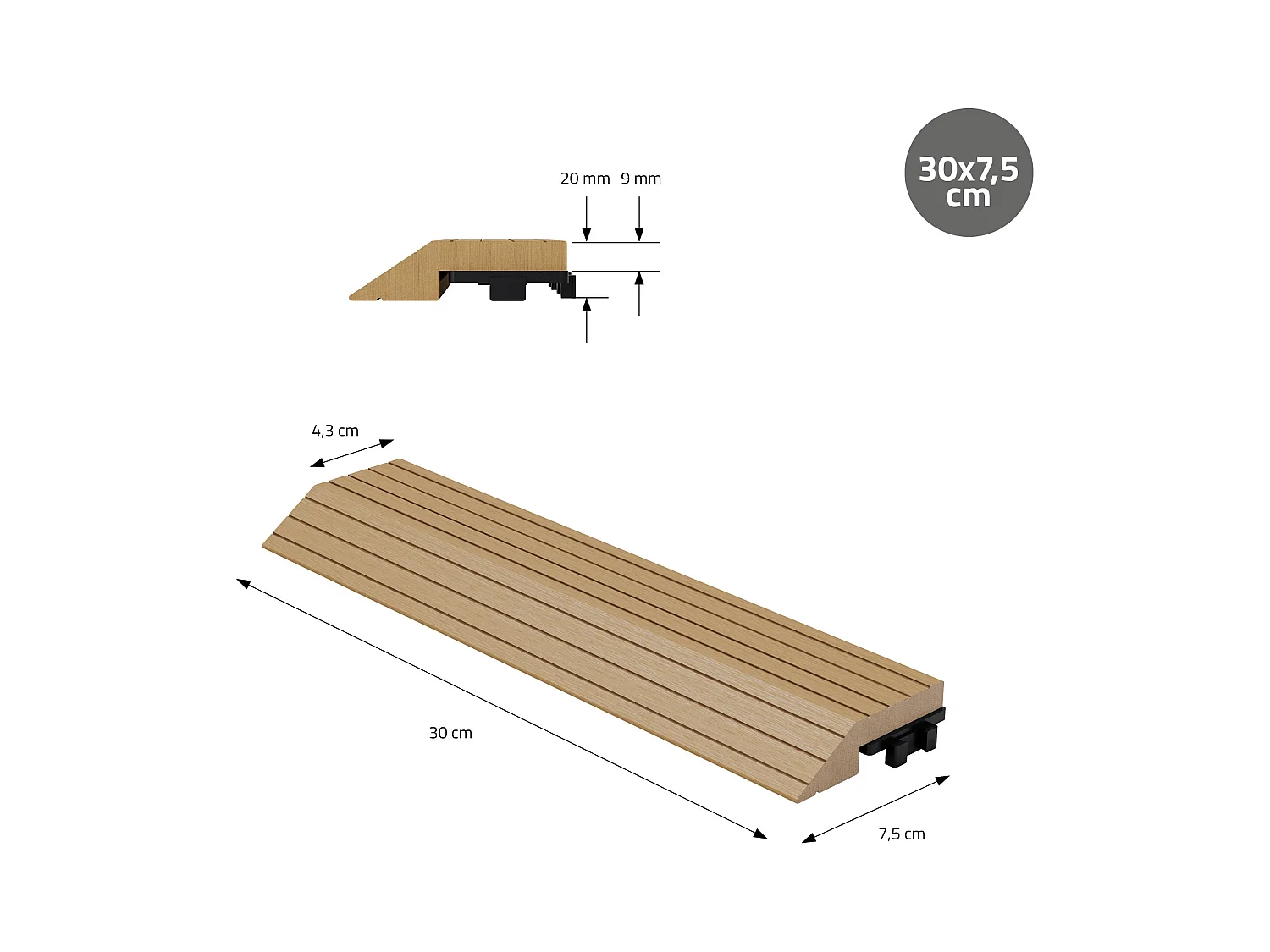 Bordure de finition angle droit 38x2x7,5cm teck Plinthe d'angle striée aspect de bois avec drainage et structure de support système d'encliquetage