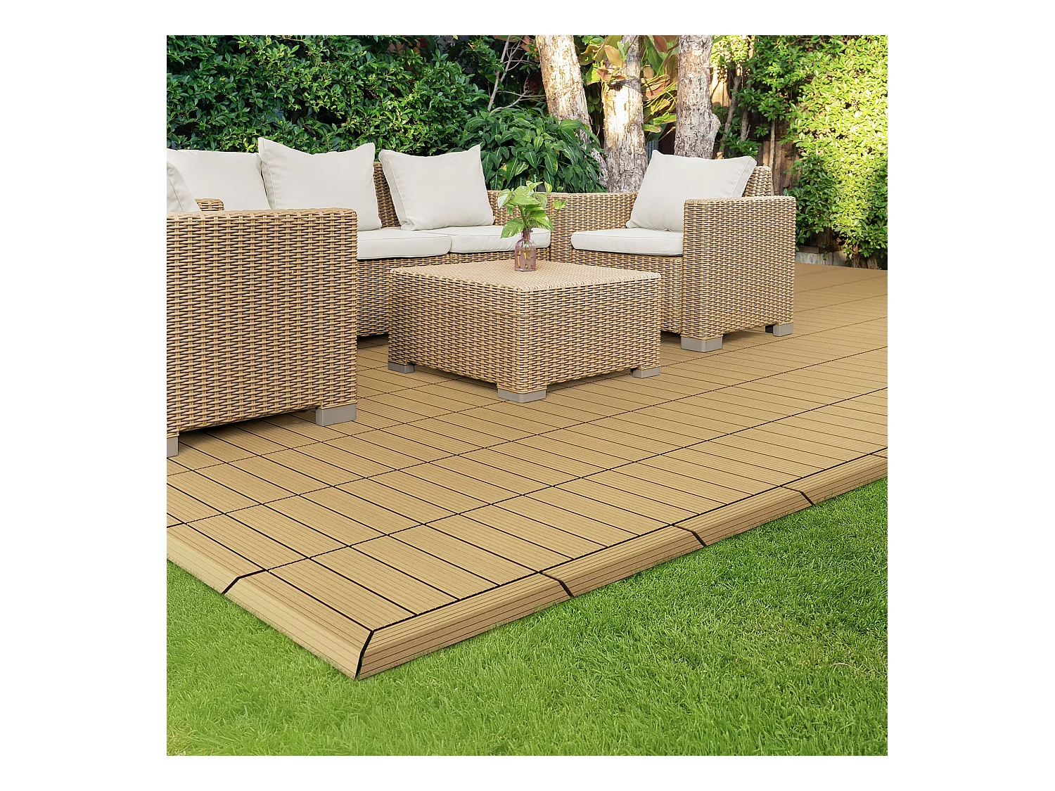 Bordure de finition angle droit 38x2x7,5cm teck Plinthe d'angle striée aspect de bois avec drainage et structure de support système d'encliquetage