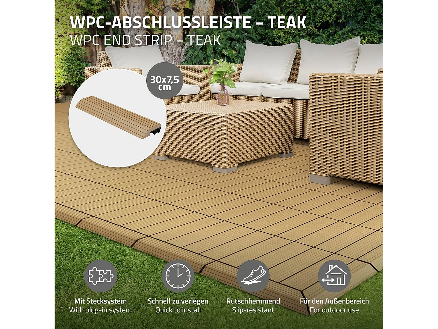 Bordure de finition angle droit 38x2x7,5cm teck Plinthe d'angle striée aspect de bois avec drainage et structure de support système d'encliquetage