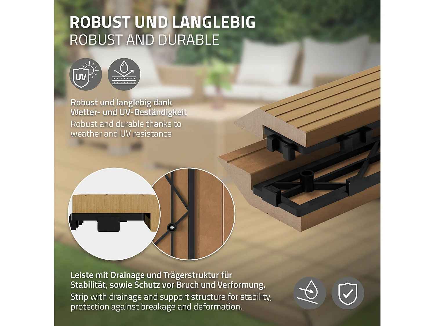 Bordure de finition angle droit 38x2x7,5cm teck Plinthe d'angle striée aspect de bois avec drainage et structure de support système d'encliquetage