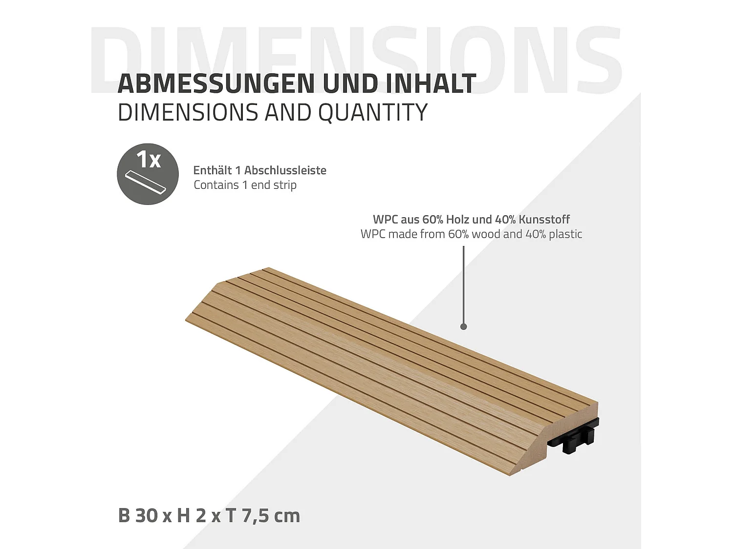 Bordure de finition angle droit 38x2x7,5cm teck Plinthe d'angle striée aspect de bois avec drainage et structure de support système d'encliquetage