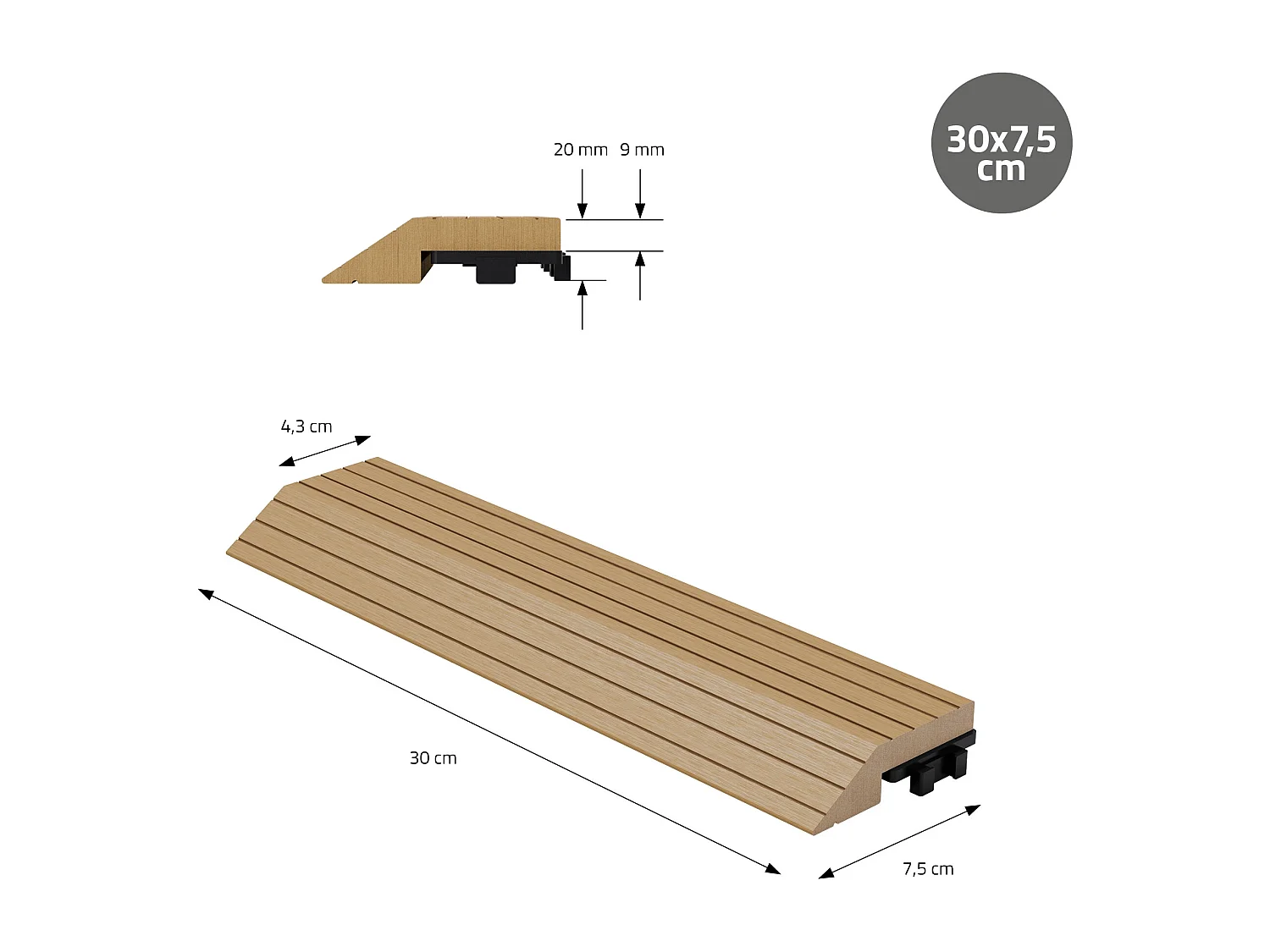 Bordure de finition angle droit 38x2x7,5cm teck Plinthe d'angle striée aspect de bois avec drainage et structure de support système d'encliquetage