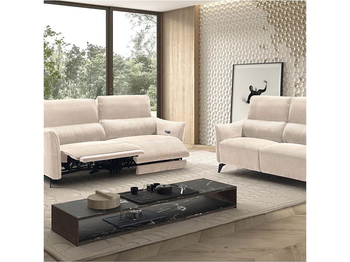 Ensemble Canapé relax électrique + canapé fixe tissu Waterproof Beige - BURGOS