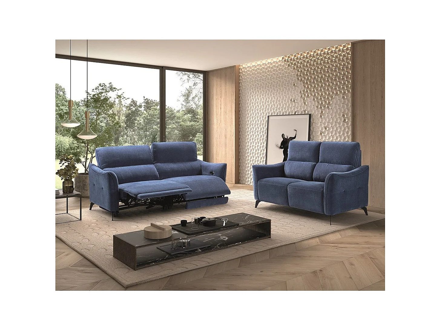 Ensemble Canapé relax électrique + canapé fixe tissu Waterproof Bleu - BURGOS