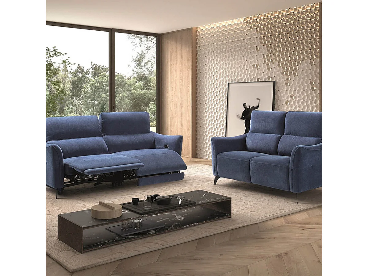 Ensemble Canapé relax électrique 3pl + canapé fixe tissu Waterproof Bleu - BURGOS