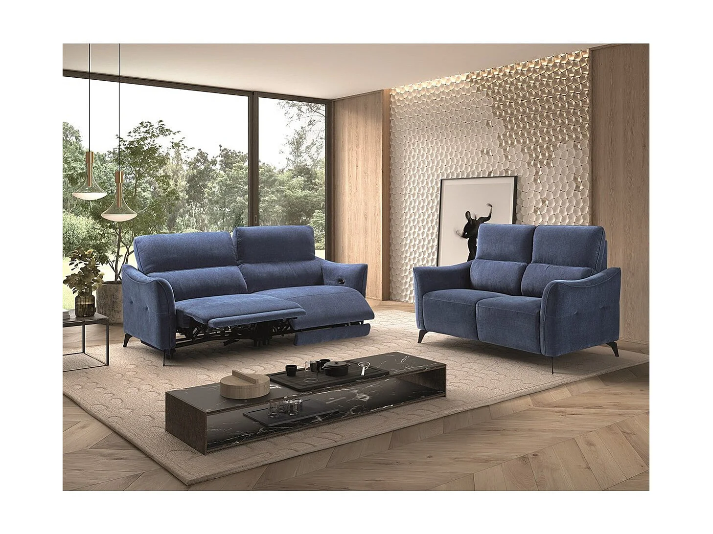 Ensemble Canapé relax électrique 3pl + canapé fixe tissu Waterproof Bleu - BURGOS
