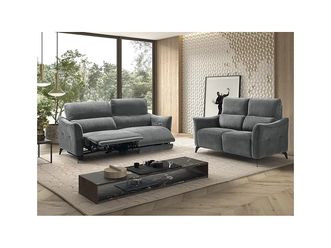 Ensemble Canapé relax électrique + canapé fixe tissu Waterproof Gris - BURGOS