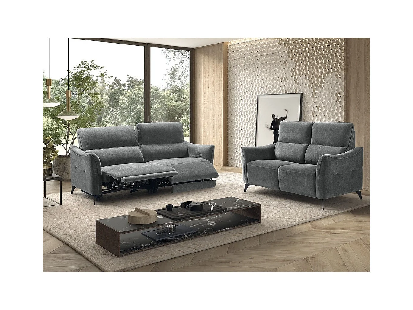 Ensemble Canapé relax électrique + canapé fixe tissu Waterproof Gris - BURGOS