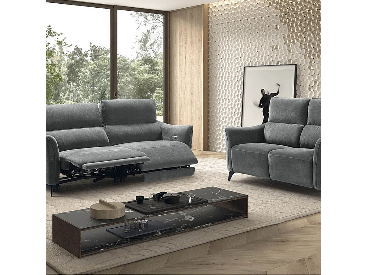 Ensemble Canapé relax électrique + canapé fixe tissu Waterproof Gris - BURGOS