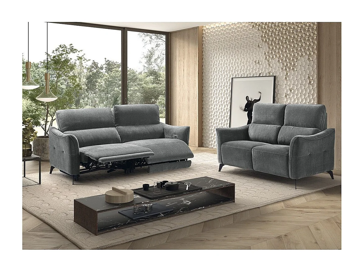 Ensemble Canapé relax électrique + canapé fixe tissu Waterproof Gris - BURGOS