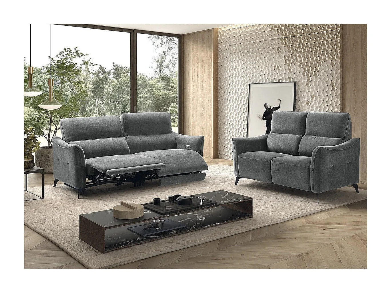 Ensemble Canapé relax électrique + canapé fixe tissu Waterproof Gris - BURGOS