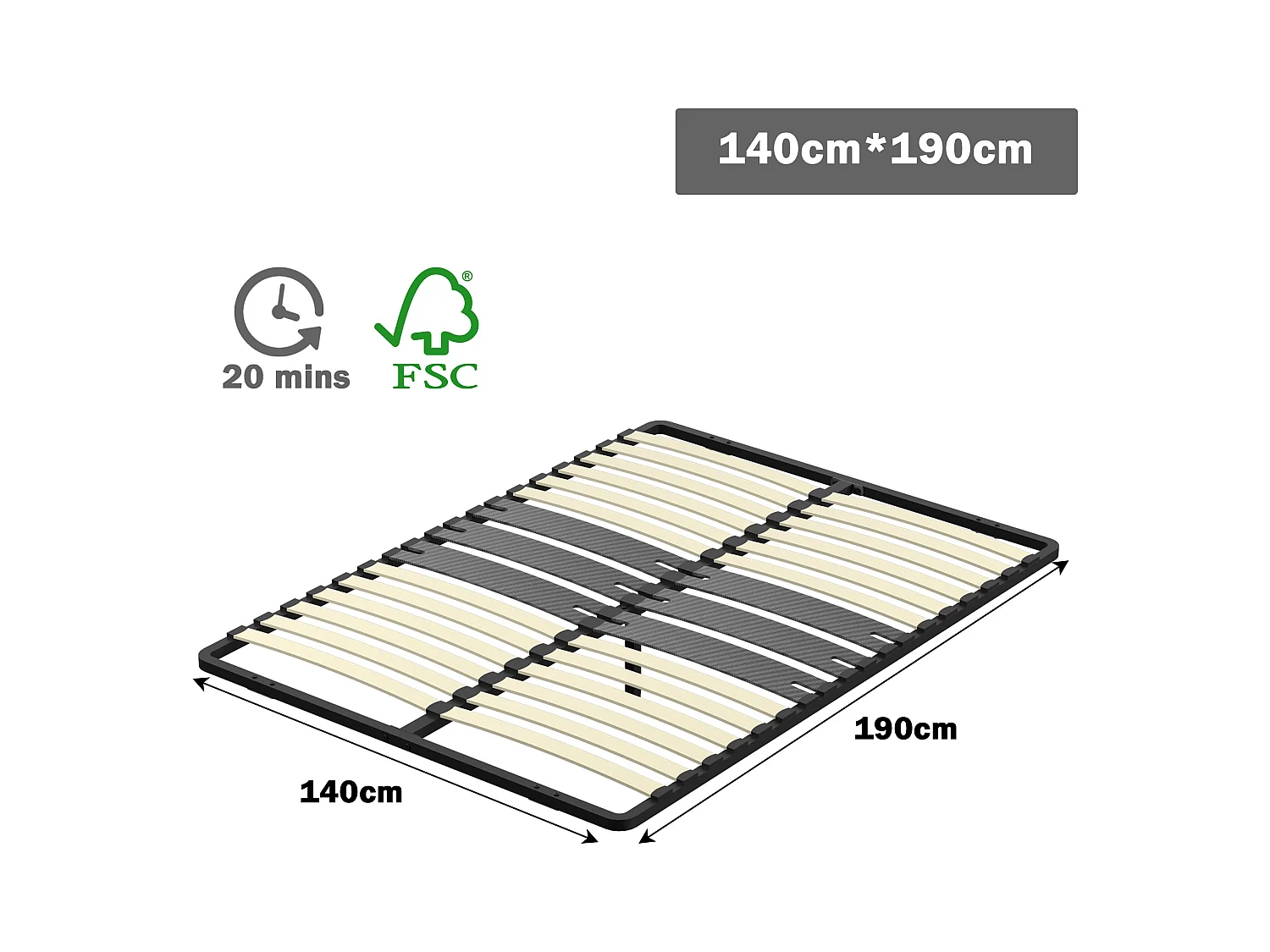 Cadre lattes 140x190 cm, 2x15 Lattes Peuplier Naturel