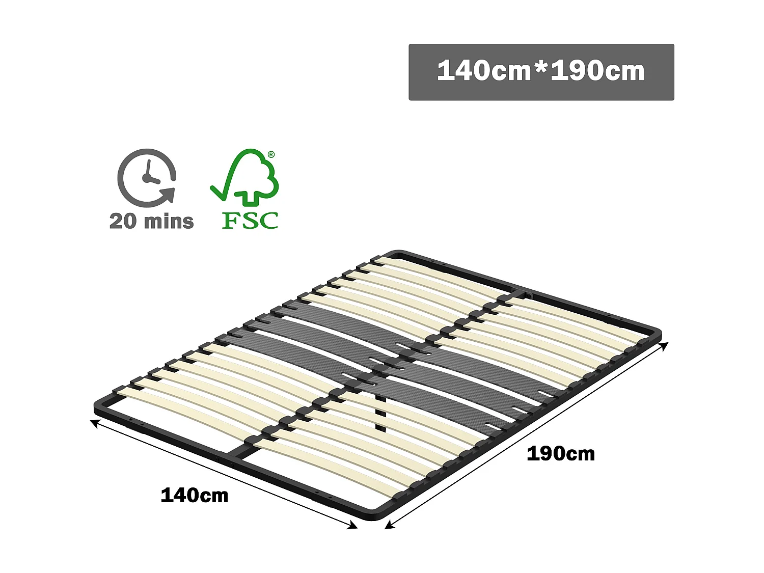 Cadre lattes 140x190 cm, 2x15 Lattes Peuplier Naturel