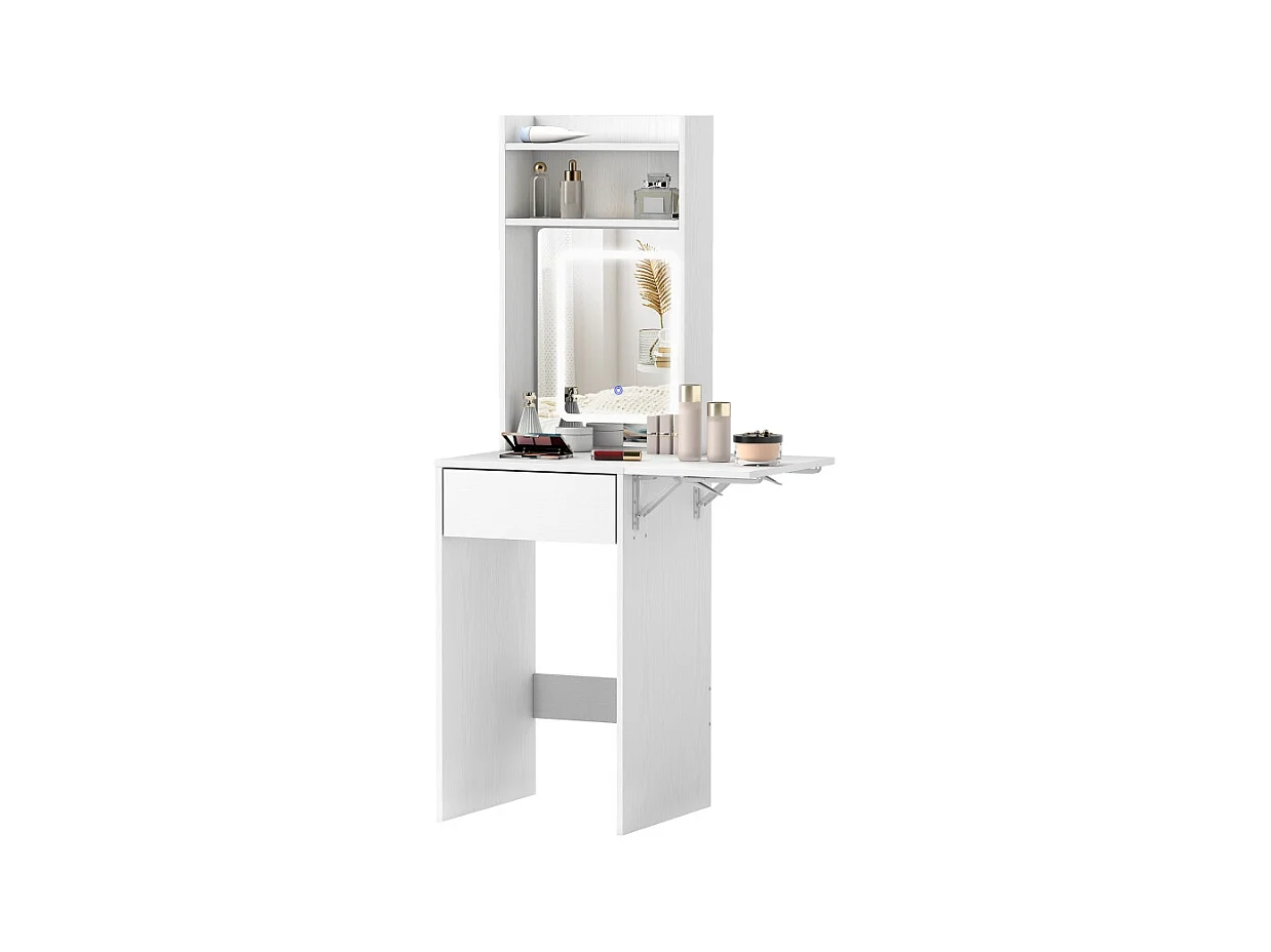 Coiffeuse compacte avec miroir LED, design pliable, MDF, blanc (45x45x152 cm)