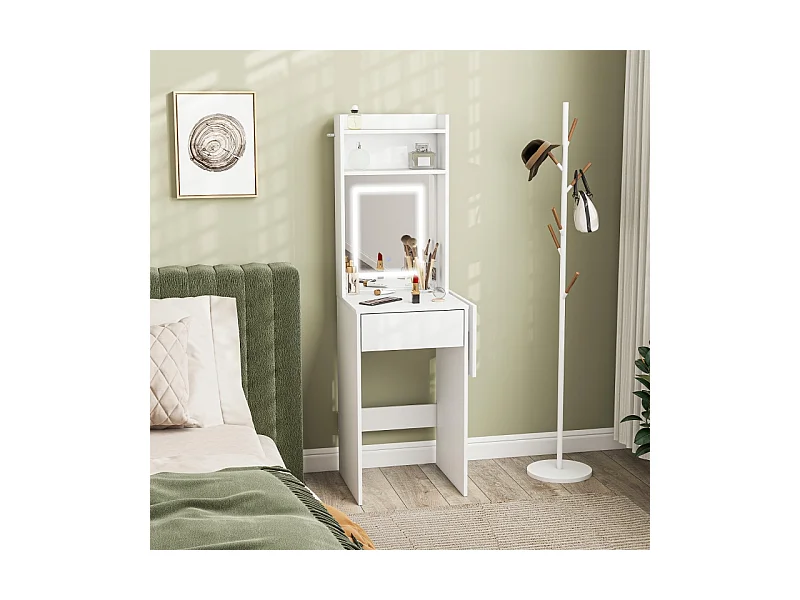 Coiffeuse compacte avec miroir LED, design pliable, MDF, blanc (45x45x152 cm)