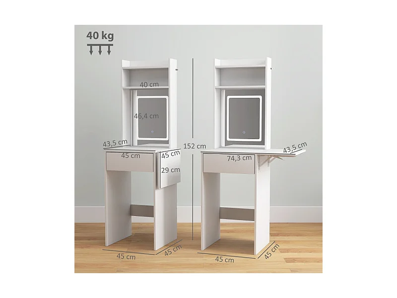 Coiffeuse compacte avec miroir LED, design pliable, MDF, blanc (45x45x152 cm)