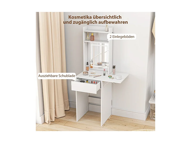 Coiffeuse compacte avec miroir LED, design pliable, MDF, blanc (45x45x152 cm)