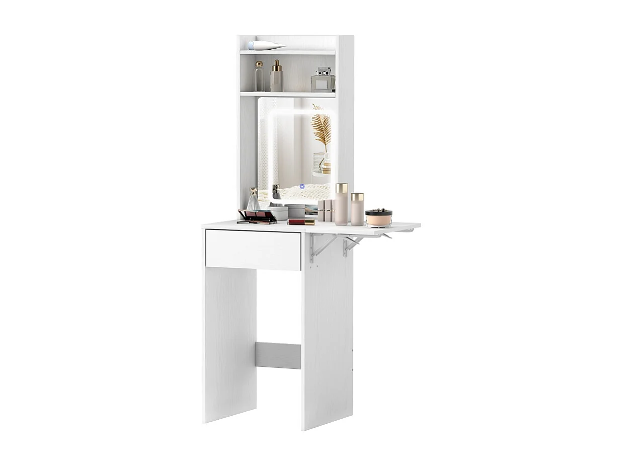Coiffeuse compacte avec miroir LED, design pliable, MDF, blanc (45x45x152 cm)