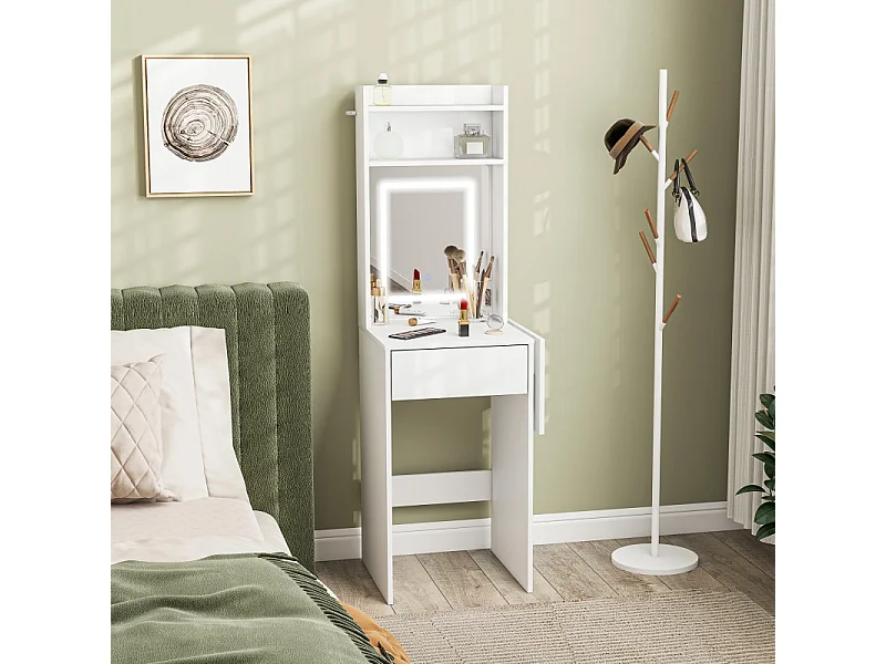 Coiffeuse compacte avec miroir LED, design pliable, MDF, blanc (45x45x152 cm)