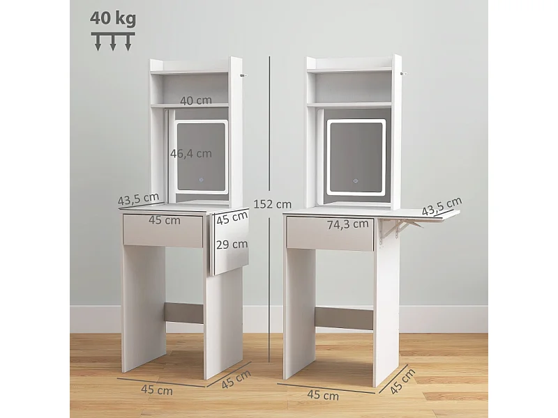 Coiffeuse compacte avec miroir LED, design pliable, MDF, blanc (45x45x152 cm)