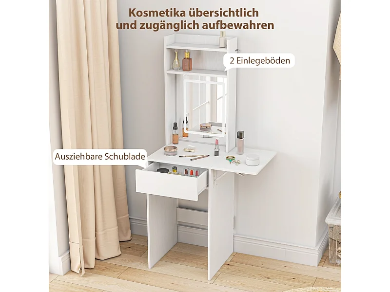 Coiffeuse compacte avec miroir LED, design pliable, MDF, blanc (45x45x152 cm)
