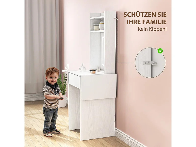 Coiffeuse compacte avec miroir LED, design pliable, MDF, blanc (45x45x152 cm)