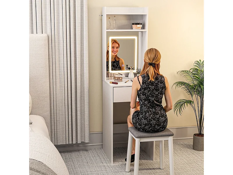 Coiffeuse compacte avec miroir LED, design pliable, MDF, blanc (45x45x152 cm)