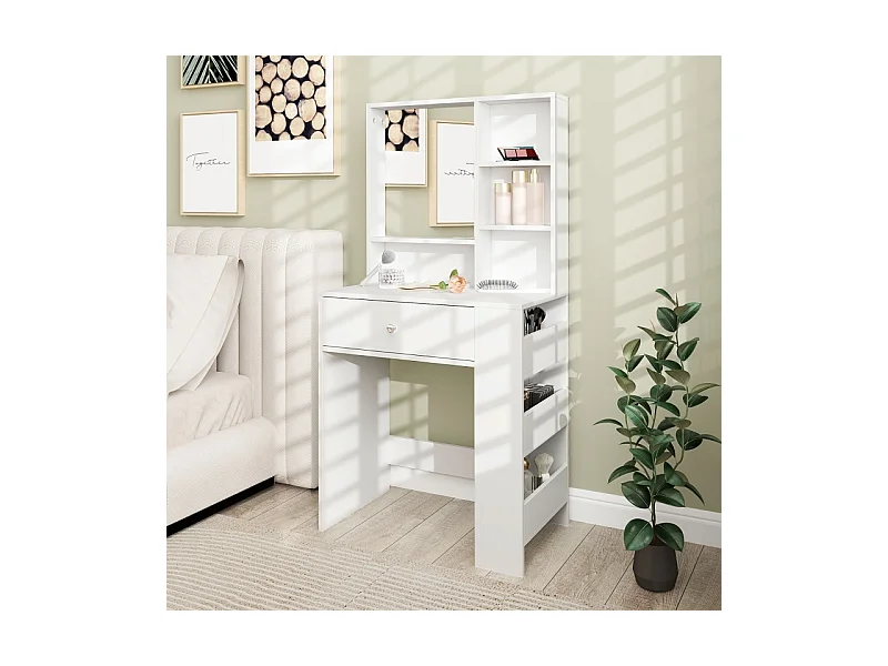 Coiffeuse avec miroir, 1 tiroir et 3 étagères, bois aggloméré, blanc (70x40x137 cm)