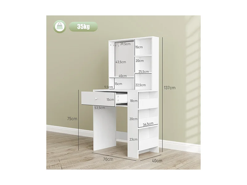 Coiffeuse avec miroir, 1 tiroir et 3 étagères, bois aggloméré, blanc (70x40x137 cm)