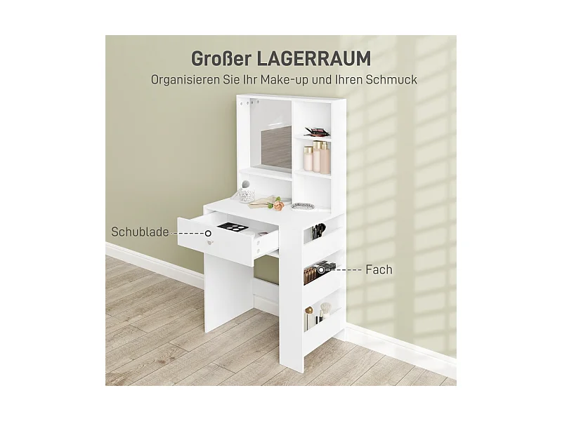Coiffeuse avec miroir, 1 tiroir et 3 étagères, bois aggloméré, blanc (70x40x137 cm)