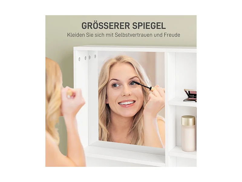 Coiffeuse avec miroir, 1 tiroir et 3 étagères, bois aggloméré, blanc (70x40x137 cm)