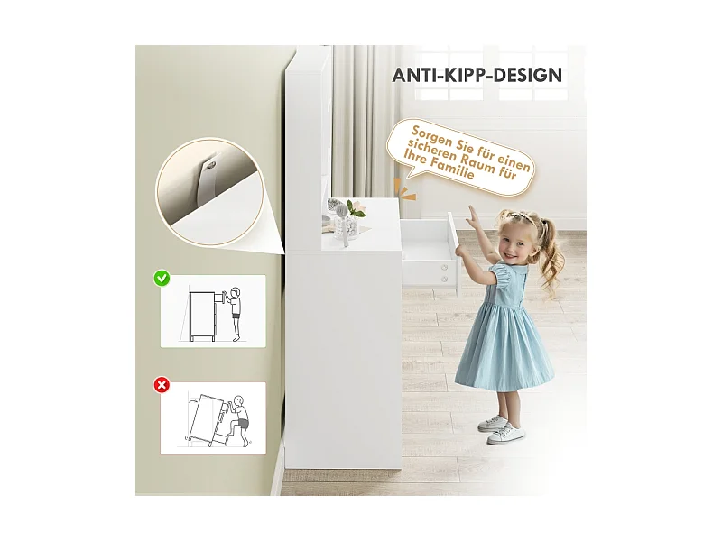 Coiffeuse avec miroir, 1 tiroir et 3 étagères, bois aggloméré, blanc (70x40x137 cm)