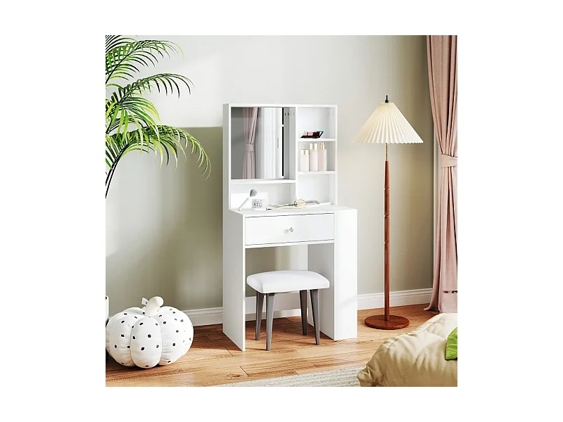 Coiffeuse avec miroir, 1 tiroir et 3 étagères, bois aggloméré, blanc (70x40x137 cm)